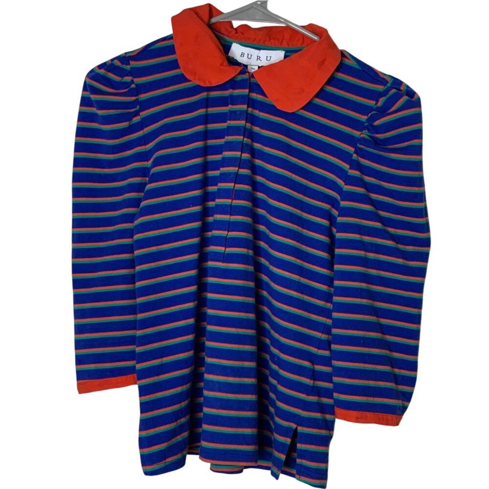 BURU XS Stripe Top Blue Orange Peter Pan Collar 3/4 Sleeve Preppy Quirky Mod
